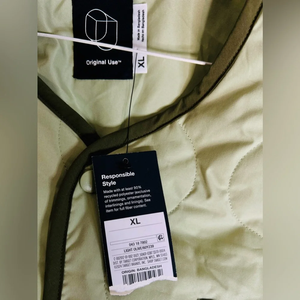 Original Use Quilted Snap Jacket XL Light Olive Green Minimalist Recycled Poly